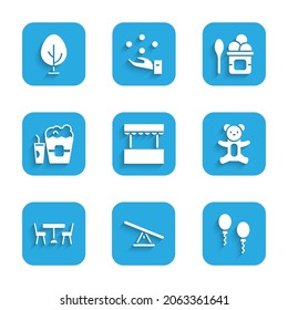 Set Ticket box office, Seesaw, Balloons, Teddy bear plush toy, Picnic table with chairs, Popcorn in and glass, Ice cream bowl and Tree icon. Vector