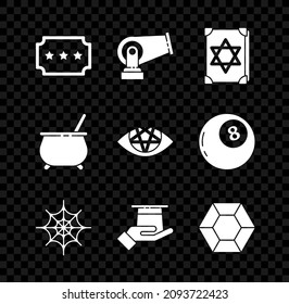 Set Ticket, Cannon, Ancient magic book, Spider web, Magician hat in hand, stone, Witch cauldron and Pentagram icon. Vector