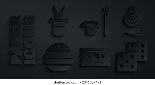 Set Ticket, Classic dart board and arrow, Burger, Game dice, Magic hat wand and Magician rabbit icon. Vector