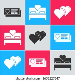 Set Ticket with heart, Bedroom and Two Linked Hearts icon. Vector