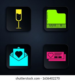 Set Ticket with heart, Glass of champagne, Envelope with Valentine heart and Grand piano. Black square button. Vector