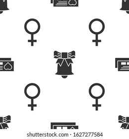 Set Ticket with heart, Ringing bell and Female gender symbol on seamless pattern. Vector