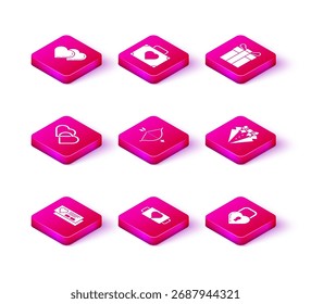 Set Ticket with heart, Two coffee cup and, Linked Hearts, Bow arrow, Castle the shape, Suit, Gift box and Suitcase for travel icon. Vector