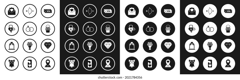 Ponga el boleto con corazón, anillos de boda, Castillo la forma de y la llave, sobre Valentine, canasta de flores, flecha de arco, icono de diamante y arco. Vector