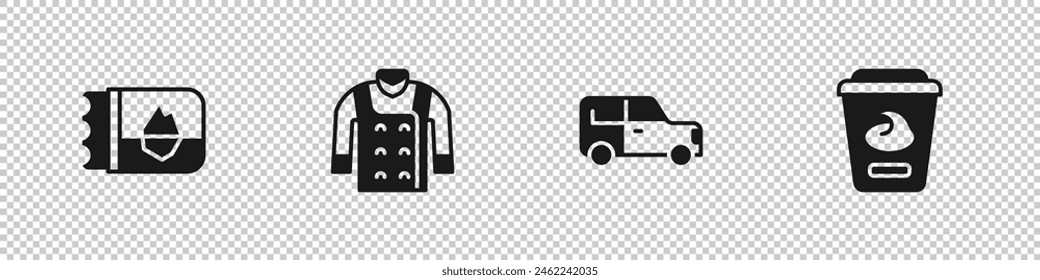 Set Ticket in Iceland, Sweater, Car and Yogurt container icon. Vector
