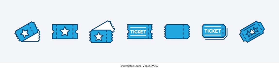 Set of ticket icon. Containing raffle, cinema, coupon, vouchers, token, discount, vacation, shopping. Ticket of event, movie, theatre, entry, travel, show, concert, and tournament. Vector illustration