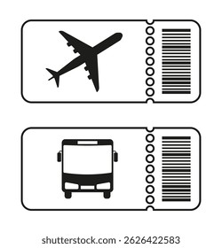 A set of ticket icons with a barcode. Bus and airline ticket icon. Transportation ticket icon. Travel. Bus and airplane travel tickets. Vector illustration EPS 10
