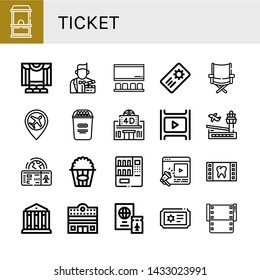 Set of ticket icons such as Ticket office, Theater, Actor, Cinema, Coupon, Directors chair, Airport, Popcorn, Movie theater, Film, Boarding pass, Vending machine, Entertainment , ticket