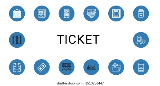 Set of ticket icons such as Theatre, Vending machine, Film, Popcorn, Ticket office, Coupon, Movie, Airport, Actor , ticket