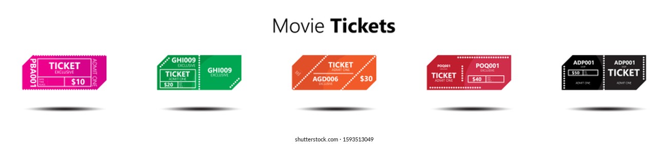 Set of ticket icons, vector illustration in the flat style. Ticket stub isolated on white background. suitable for retro cinema or movie tickets