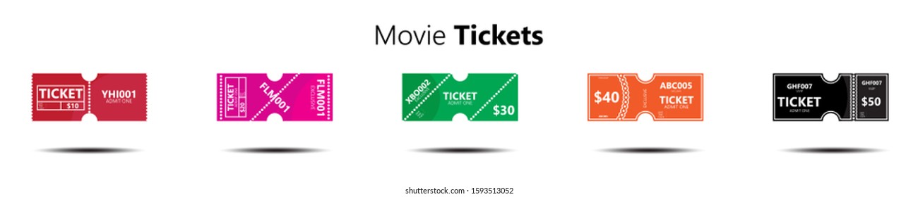 Set of ticket icons, vector illustration in the flat style. Ticket stub isolated on white background. suitable for retro cinema or movie tickets