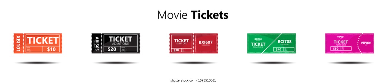 Set of ticket icons, vector illustration in the flat style. Ticket stub isolated on white background. suitable for retro cinema or movie tickets