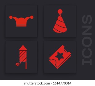 Set Ticket, Jester hat with bells, Party hat and Firework rocket icon. Vector