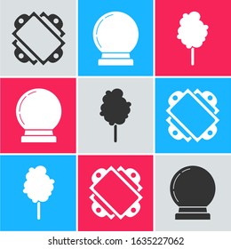 Set Ticket, Magic ball and Cotton candy icon. Vector