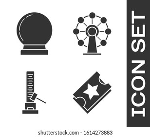 Set Ticket, Magic ball, High striker attraction with big hammer and Ferris wheel icon. Vector