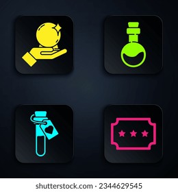 Set Ticket, Magic ball on hand, Bottle con amor potion y Bottle con amor potion. Botón cuadrado negro. Vector