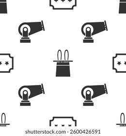 Set Ticket, Magician hat and rabbit ears and Cannon on seamless pattern. Vector