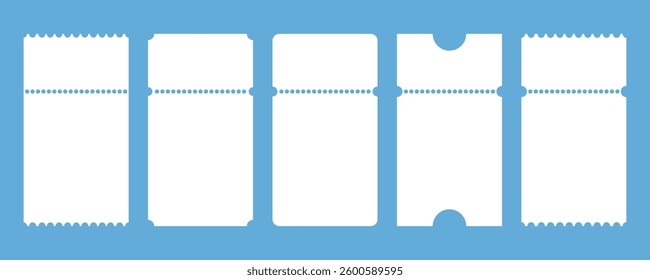 Set of ticket mockups. with ruffle edges. Small vertical empty templates. Concert, movie or theater ticket. Boarding blank, lottery, sale coupon. flat vector illustration design.