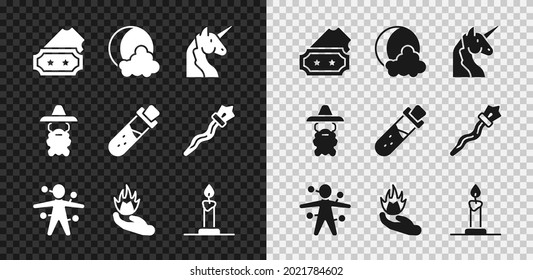 Set Ticket, Moon and stars, Unicorn, Voodoo doll, Hand holding fire, Burning candle candlestick, Wizard warlock and Bottle with potion icon. Vector