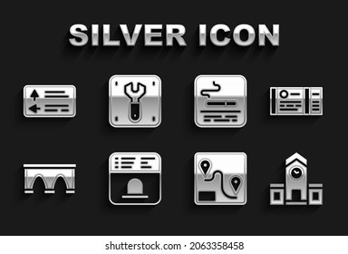 Set Ticket office to buy tickets, Train, Railway station, Route location, Bridge for train, Smoking area, Road traffic signpost and Repair railway icon. Vector