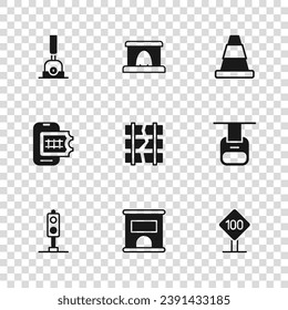 Set Ticket office to buy tickets, Cable car, Speed limit traffic sign 100 km, Broken or cracked railway, Traffic cone, Arrow for switching the, Railway tunnel and Online booking icon. Vector