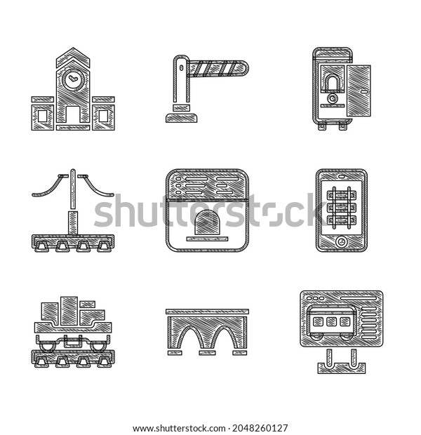 Set Ticket office to buy tickets, Bridge for\
train, Buy online, Cargo wagon, Railway, Toilet the car and station\
icon. Vector