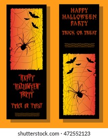 Set of  ticket on Halloween holiday party with scary spider, web and monster bats on gradient background. Cartoon style. Vector illustration