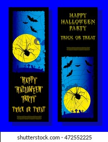 Set of  ticket on Halloween holiday party with scary spider, moon and monster bats on gradient background. Cartoon style. Vector illustration