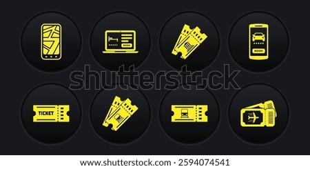 Set Ticket, Online car sharing, Train ticket, Museum, hotel booking, Airline and Infographic of city map icon. Vector