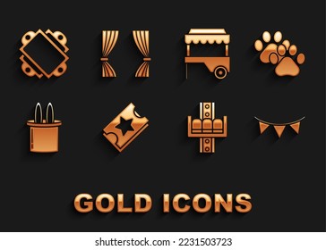 Set Ticket, Paw print, Carnival garland with flags, Attraction carousel, Magician hat rabbit ears, Fast street food cart awning,  and Curtain icon. Vector