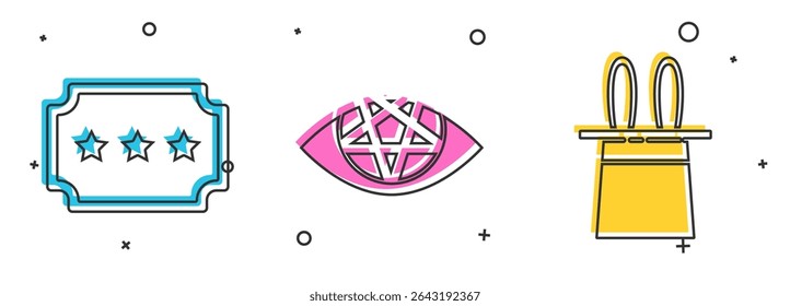 Set Ticket, Pentagram and Magician hat and rabbit ears icon. Vector