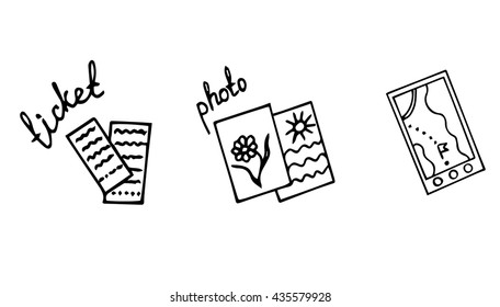 Set with ticket, photo and map icon.  Can be used  for card, invitation, posters, texture backgrounds, placards, banners.