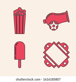 Set Ticket, Popcorn in cardboard box, Cannon and Ice cream icon. Vector