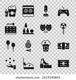 Set Ticket, Stacks paper money cash, Lollipop, Tree, Bottles ball, Arcade game machine, Popcorn box and glass and Comedy tragedy masks icon. Vector