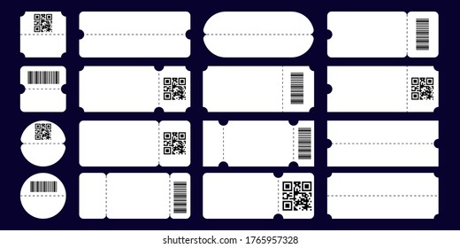 Set ticket template with tear-off element, barcode and QR code isolated.