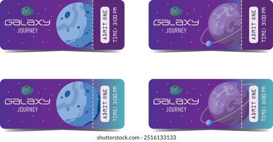 Set of ticket templates with purple and blue gradient space background. Collection of hand drawn planets and celestial bodies. Admission for planetarium, exhibition and show