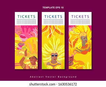 Set of tickets 2022 Abstract Rio Brazilian Carnival music dance festival night party Samba dancer parade Sambadrome, New Orleans, Mardi Gras, notting hill, Venezia costume exotic tropical palm vector