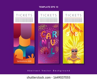 Set of tickets 2022 Abstract Rio Brazilian Carnival music dance festival night party Samba dancer parade Sambadrome, New Orleans, Mardi Gras, notting hill, Venezia costume exotic tropical palm vector