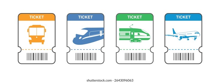 Conjunto de bilhetes para ônibus, metro, trem, avião. Ilustração vetorial.