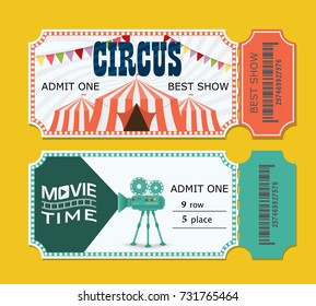 set of tickets to the circus and cinema presentation. vector template