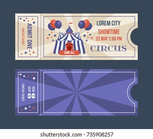 Set of tickets for circus performances, events, in colorful design, with text and decorations illustrations. Ticket for entrance to circus, templates, show performances, vintage. Vector illustration.