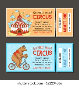 set of tickets to the circus, circus show of artists and animals, an engraving style, bear on a bicycle, colorful circus tent