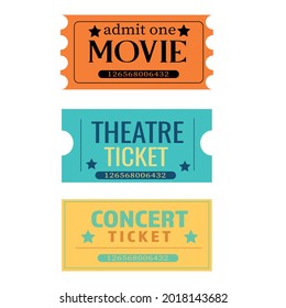 A set of tickets for a concert, movie, theater in orange, blue, yellow.