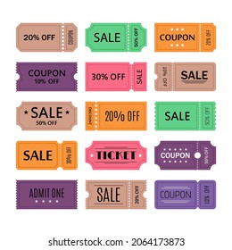 Set of tickets and coupons templates. Concert, cinema, theater cards. Sale, discount, coupons with ruffle edges. Vector illustration