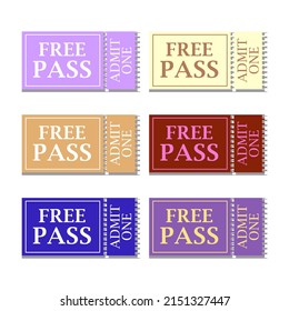 Un juego de entradas de diferentes colores. Plantilla de tickets. Entradas simples y cupones.