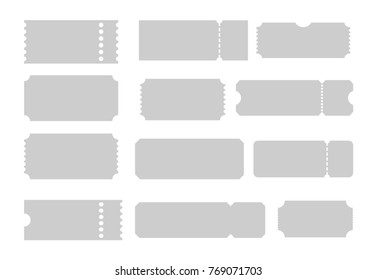 Set of Tickets of different forms. Set of blank shapes of tickets. Ticket templates for movie, concert, showing, sports, party. Vector set isolated 