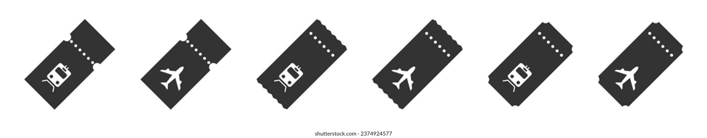 Set of tickets for different modes of transport. Bus, plane, ship and train ticket icon. Travel tickets. Vector illustration.