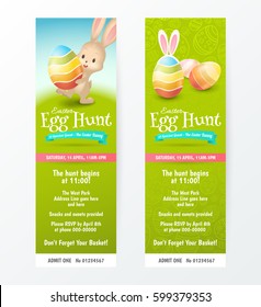 Set of tickets for Easter Egg Hunt with colored eggs and a cute rabbit. Vector template for invitations and greeting cards design. Isolated from the background. File contains clipping mask.