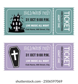 Conjunto de entradas para una fiesta de Halloween. Invitación a la celebración de Halloween. Feliz Halloween. Entradas mágicas con varios Elementos de Halloween. Casa embrujada y ataúd. Vector