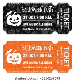 Set of tickets for a Halloween party. Invitation to the Halloween celebration. Happy Halloween. Magical tickets with various Halloween elements. Pumpkin. Vector.